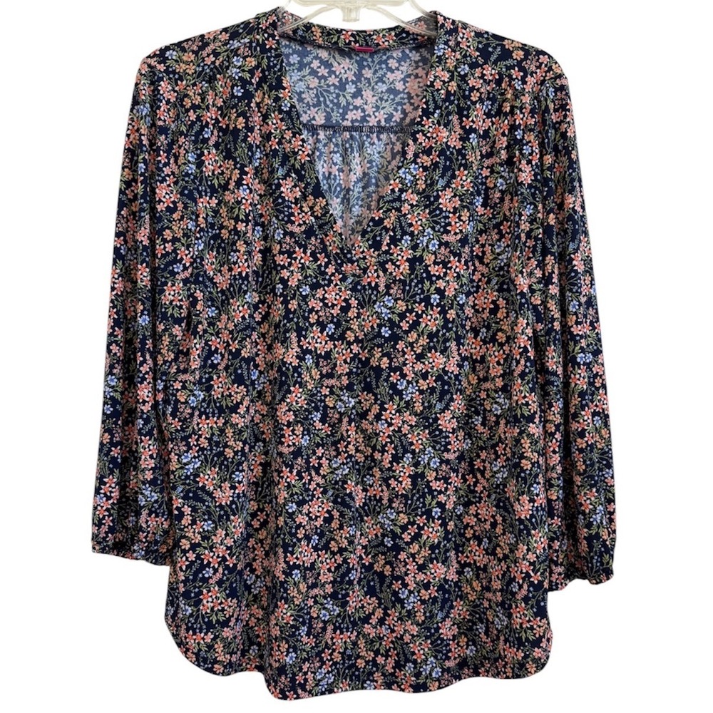 Vince Camuto Navy Blue Floral V-Neck Long Sleeve Blouse Medium